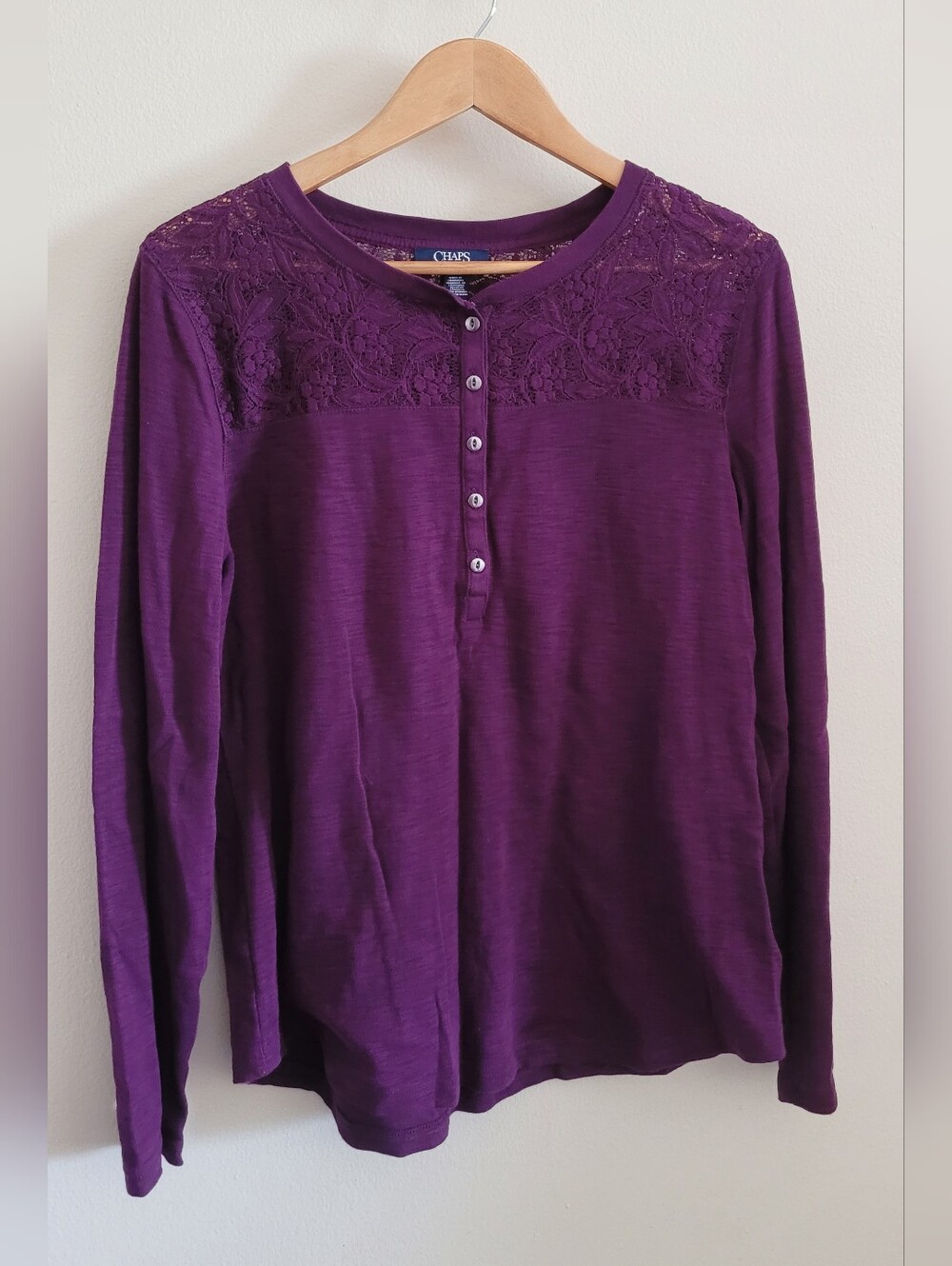 Chaps Lace Top Henley Style Long Sleeve Shirt, Women's XL, Grape Purple